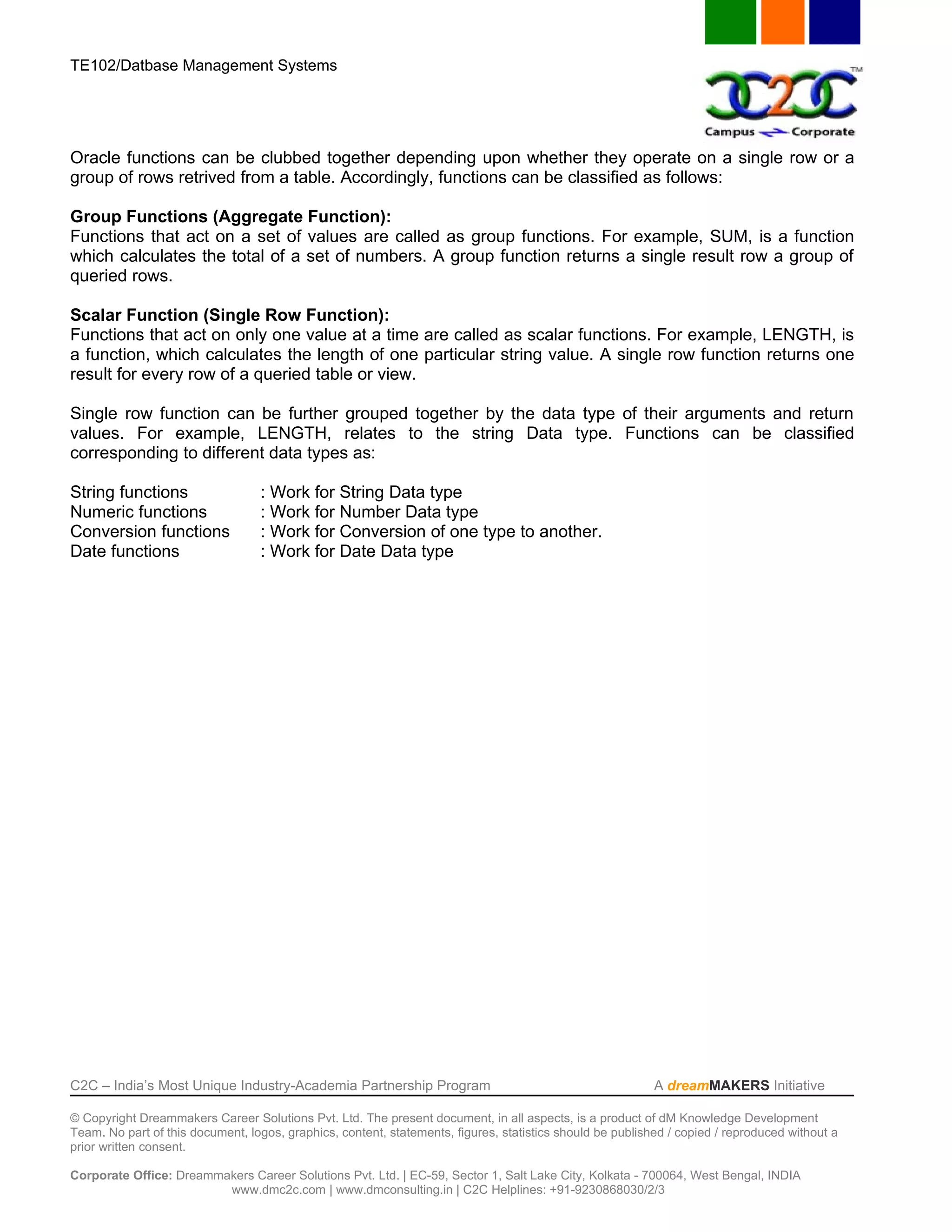 TE102/Datbase Management Systems




Oracle functions can be clubbed together depending upon whether they operate on a single row or a
group of rows retrived from a table. Accordingly, functions can be classified as follows:

Group Functions (Aggregate Function):
Functions that act on a set of values are called as group functions. For example, SUM, is a function
which calculates the total of a set of numbers. A group function returns a single result row a group of
queried rows.

Scalar Function (Single Row Function):
Functions that act on only one value at a time are called as scalar functions. For example, LENGTH, is
a function, which calculates the length of one particular string value. A single row function returns one
result for every row of a queried table or view.

Single row function can be further grouped together by the data type of their arguments and return
values. For example, LENGTH, relates to the string Data type. Functions can be classified
corresponding to different data types as:

String functions                  : Work for String Data type
Numeric functions                 : Work for Number Data type
Conversion functions              : Work for Conversion of one type to another.
Date functions                    : Work for Date Data type




C2C – India’s Most Unique Industry-Academia Partnership Program                                            A dreamMAKERS Initiative

© Copyright Dreammakers Career Solutions Pvt. Ltd. The present document, in all aspects, is a product of dM Knowledge Development
Team. No part of this document, logos, graphics, content, statements, figures, statistics should be published / copied / reproduced without a
prior written consent.

Corporate Office: Dreammakers Career Solutions Pvt. Ltd. | EC-59, Sector 1, Salt Lake City, Kolkata - 700064, West Bengal, INDIA
                         www.dmc2c.com | www.dmconsulting.in | C2C Helplines: +91-9230868030/2/3
 