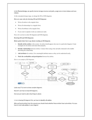In the Physical design, we specify internal storage structure and paths, assign one or more indexes and tune
indexes.
At the conceptual design stage, we design the ER or EER diagrams.
Here are some rules for drawing ER and EER diagrams
 Write all entities in the singular form
 Write all relationships in a singular form.
 Write all attributes in the singular form.
 If you want to separate words use underscore mark.
Now, let’s see how to draw ER diagrams and EER diagrams.
Drawing ER and EER diagrams
Below points show how to go about creating an ER diagram.
1. Identify all the entities in the system. An entity should appear only once in a particular diagram. Create
rectangles for all entities and name them properly.
2. Identify relationships between entities. Connect them using a line and add a diamond in the middle
describing the relationship.
3. Add attributes for entities. Give meaningful attribute names so they can be understood easily.
4. Mark the cardinalities and participation between the entities.
Here is an example of ER diagrams.
Looks easy? Try more to draw complex diagrams.
Now let’s see how to draw EER diagrams.
Here we just need to add a few things to above.
1. As in drawing ER diagrams first, we have to identify all entities.
After we found entities from the scenario you should check whether those entities have sub-entities. If so you
have to mark sub-entities in your diagram.
 