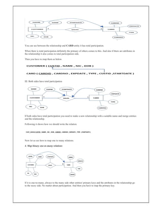 You can see between the relationship and CARD entity it has total participation.
When there is total participation definitely the primary of others comes to this. And also if there are attributes in
the relationship it also comes to total participation side.
Then you have to map them as below.
III. Both sides have total participation
If both sides have total participation you need to make a new relationship with a suitable name and merge entities
and the relationship.
Following it shows how we should write the relation.
Now let us see how to map one to many relations.
4. Map binary one-to-many relations
If it is one-to-many, always to the many side other entities' primary keys and the attributes in the relationship go
to the many side. No matter about participation. And then you have to map the primary key.
 