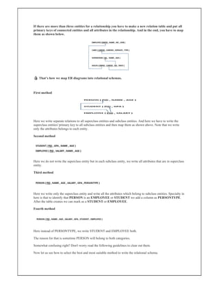 If there are more than three entities for a relationship you have to make a new relation table and put all
primary keys of connected entities and all attributes in the relationship. And in the end, you have to map
them as shown below.
👍 That’s how we map ER diagrams into relational schemas.
First method
Here we write separate relations to all superclass entities and subclass entities. And here we have to write the
superclass entities' primary key to all subclass entities and then map them as shown above. Note that we write
only the attributes belongs to each entity.
Second method
Here we do not write the superclass entity but in each subclass entity, we write all attributes that are in superclass
entity.
Third method
Here we write only the superclass entity and write all the attributes which belong to subclass entities. Specialty in
here is that to identify that PERSON is an EMPLOYEE or STUDENT we add a column as PERSONTYPE.
After the table creates we can mark as a STUDENT or EMPLOYEE.
Fourth method
Here instead of PERSONTYPE, we write STUDENT and EMPLOYEE both.
The reason for that is sometime PERSON will belong to both categories.
Somewhat confusing right? Don't worry read the following guidelines to clear out them.
Now let us see how to select the best and most suitable method to write the relational schema.
 