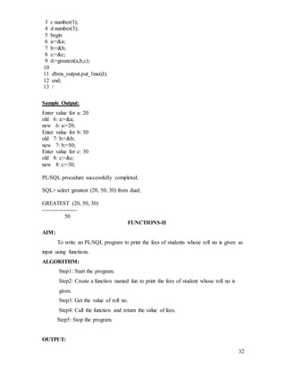 32
3 c number(3);
4 d number(3);
5 begin
6 a:=&a;
7 b:=&b;
8 c:=&c;
9 d:=greatest(a,b,c);
10
11 dbms_output.put_line(d);
12 end;
13 /
Sample Output:
Enter value for a: 20
old 6: a:=&a;
new 6: a:=20;
Enter value for b: 50
old 7: b:=&b;
new 7: b:=50;
Enter value for c: 30
old 8: c:=&c;
new 8: c:=30;
PL/SQL procedure successfully completed.
SQL> select greatest (20, 50, 30) from dual;
GREATEST (20, 50, 30)
------------------
50
FUNCTIONS-II
AIM:
To write an PL/SQL program to print the fees of students whose roll no is given as
input using functions.
ALGORITHM:
Step1: Start the program.
Step2: Create a function named fun to print the fees of student whose roll no is
given.
Step3: Get the value of roll no.
Step4: Call the function and return the value of fees.
Step5: Stop the program.
OUTPUT:
 