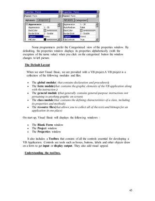 45
Some programmers prefer the Categorisized view of the properties window. By
defaulting, the properties window displays its properties alphabetically (with the
exception of the name value) when you click on the categorized button the window
changes to left picture.
The Default Layout
When we start Visual Basic, we are provided with a VB project.A VB project is a
collection of the following modules and files.
 The global module( that contains declaration and procedures)
 The form module(that contains the graphic elements of the VB application along
with the instruction )
 The general module (that generally contains general-purpose instructions not
pertaining to anything graphic on-screen)
 The class module(that contains the defining characteristics of a class, including
its properties and methods)
 The resource files(that allows you to collect all of the texts and bitmaps for an
application in one place)
On start up, Visual Basic will displays the following windows :
 The Blank Form window
 The Project window
 The Properties window
It also includes a Toolbox that consists of all the controls essential for developing a
VB Application. Controls are tools such as boxes, buttons, labels and other objects draw
on a form to get input or display output. They also add visual appeal.
Understanding the tool box.
 