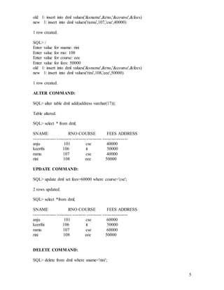 5
old 1: insert into dml values('&sname',&rno,'&course',&fees)
new 1: insert into dml values('ramu',107,'cse',40000)
1 row created.
SQL> /
Enter value for sname: rini
Enter value for rno: 108
Enter value for course: eee
Enter value for fees: 50000
old 1: insert into dml values('&sname',&rno,'&course',&fees)
new 1: insert into dml values('rini',108,'eee',50000)
1 row created.
ALTER COMMAND:
SQL> alter table dml add(address varchar(17));
Table altered.
SQL> select * from dml;
SNAME RNO COURSE FEES ADDRESS
--------------- ---------- --------- ---------- -----------------
anju 101 cse 40000
keerthi 106 it 50000
ramu 107 cse 40000
rini 108 eee 50000
UPDATE COMMAND:
SQL> update dml set fees=60000 where course='cse';
2 rows updated.
SQL> select *from dml;
SNAME RNO COURSE FEES ADDRESS
--------------- ---------- --------- ---------- -----------------
anju 101 cse 60000
keerthi 106 it 50000
ramu 107 cse 60000
rini 108 eee 50000
DELETE COMMAND:
SQL> delete from dml where sname='rini';
 