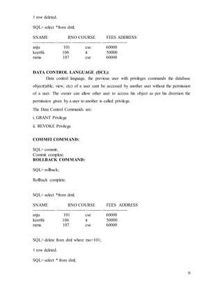 6
1 row deleted.
SQL> select *from dml;
SNAME RNO COURSE FEES ADDRESS
--------------- ---------- --------- ---------- -----------------
anju 101 cse 60000
keerthi 106 it 50000
ramu 107 cse 60000
DATA CONTROL LANGUAGE (DCL):
Data control language, the previous user with privileges commands the database
object(table, view, etc) of a user cant be accessed by another user without the permission
of a user. The owner can allow other user to access his object as per his diversion the
permission given by a user to another is called privilege.
The Data Control Commands are:
i. GRANT Privilege
ii. REVOKE Privilege
COMMIT COMMAND:
SQL> commit;
Commit complete.
ROLLBACK COMMAND:
SQL> rollback;
Rollback complete.
SQL> select *from dml;
SNAME RNO COURSE FEES ADDRESS
--------------- ---------- --------- ---------- -----------------
anju 101 cse 60000
keerthi 106 it 50000
ramu 107 cse 60000
SQL> delete from dml where rno=101;
1 row deleted.
SQL> select * from dml;
 