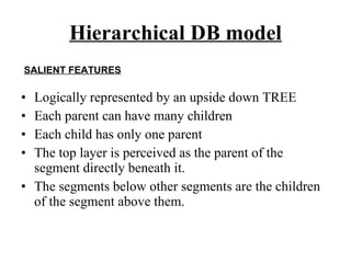 Hierarchical DB model ,[object Object],[object Object],[object Object],[object Object],[object Object],SALIENT FEATURES 