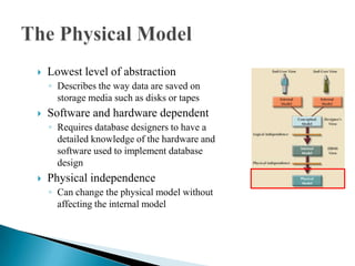  Lowest level of abstraction
◦ Describes the way data are saved on
storage media such as disks or tapes
 Software and hardware dependent
◦ Requires database designers to have a
detailed knowledge of the hardware and
software used to implement database
design
 Physical independence
◦ Can change the physical model without
affecting the internal model
 
