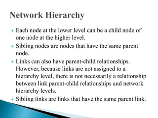  Each node at the lower level can be a child node of
one node at the higher level.
 Sibling nodes are nodes that have the same parent
node.
 Links can also have parent-child relationships.
However, because links are not assigned to a
hierarchy level, there is not necessarily a relationship
between link parent-child relationships and network
hierarchy levels.
 Sibling links are links that have the same parent link.
 