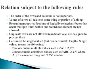  The order of the rows and columns is not important.
 Values of a row all relate to some thing or portion of a thing.
 Repeating groups (collections of logically related attributes that
occur multiple times within one record occurrence) are not
allowed.
 Duplicate rows are not allowed (candidate keys are designed to
prevent this).
 Cells must be single-valued (but can be variable length). Single
valued means the following:
◦ Cannot contain multiple values such as 'A1,B2,C3'.
◦ Cannot contain combined values such as 'ABC-XYZ' where
'ABC' means one thing and 'XYZ' another
 