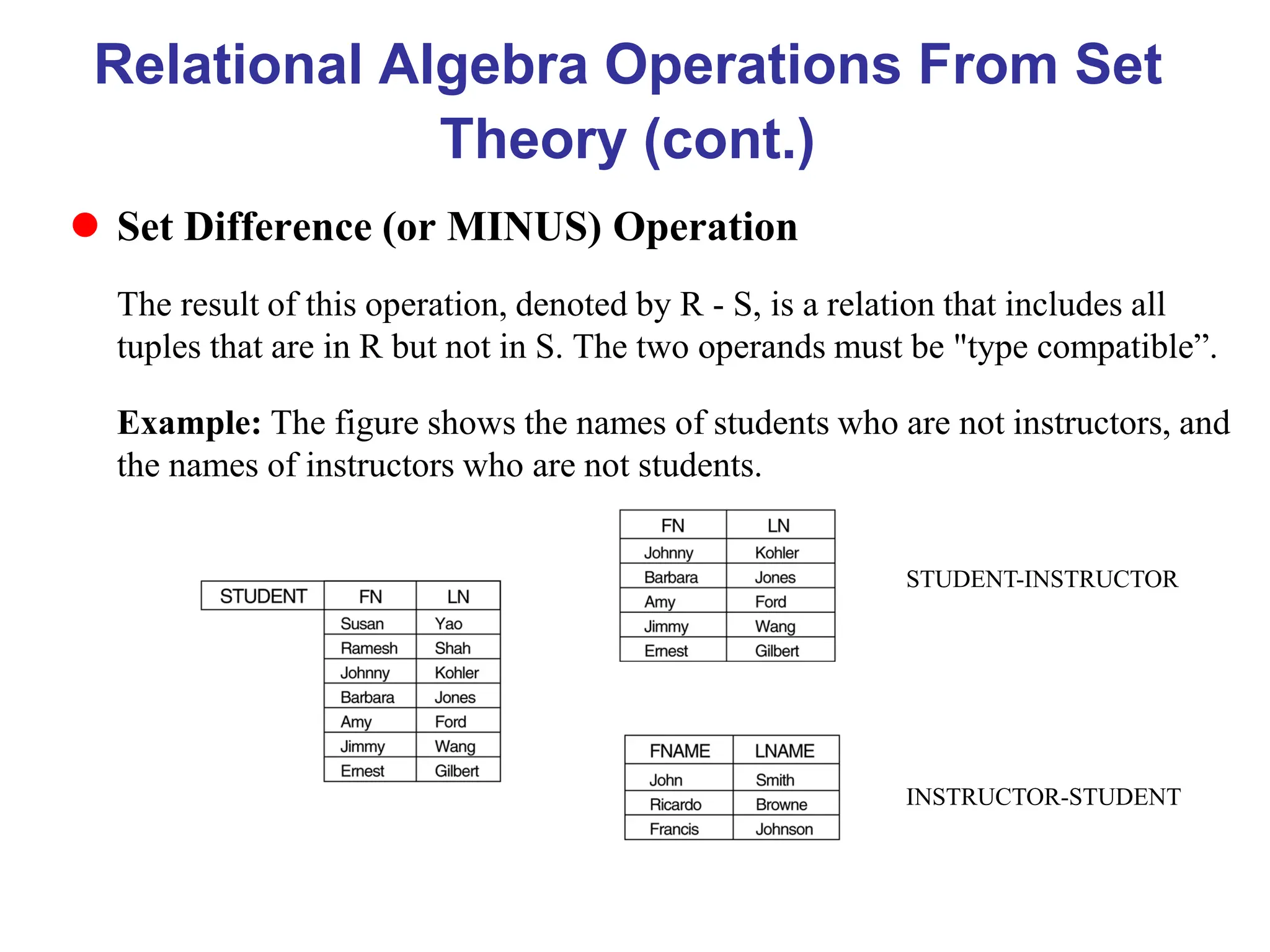 Relational Algebra Operations From Set
Theory (cont.)
 Set Difference (or MINUS) Operation
The result of this operation, denoted by R - S, is a relation that includes all
tuples that are in R but not in S. The two operands must be "type compatible”.
Example: The figure shows the names of students who are not instructors, and
the names of instructors who are not students.
STUDENT-INSTRUCTOR
INSTRUCTOR-STUDENT
 