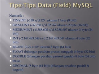 

Numerik :
 TINYINT (-128 s/d 127 ukuran 1 byte (8 bit))
 SMALLINT (-32.768 s/d 32.767 ukuran 2 byte (16 bit))
 MEDIUMINT (-8.388.608 s/d 8.388.607 ukuran 3 byte (24
bit))
 INT (-2.147.483.648 s/d 2.147.483.647 ukuran 4 byte (32
bit))
 BIGINT (9,22 x 1018 ukuran 8 byte (64 bit))
 FLOAT (bilangan pecahan presesi tunggal) (4 byte (32 bit))
 DOUBLE (bilangan pecahan presesi ganda) (8 byte (64 bit))
 REAL
 DECIMAL (8 byte (64 bit)) (bilangan pecahan positif &
negatif)

 