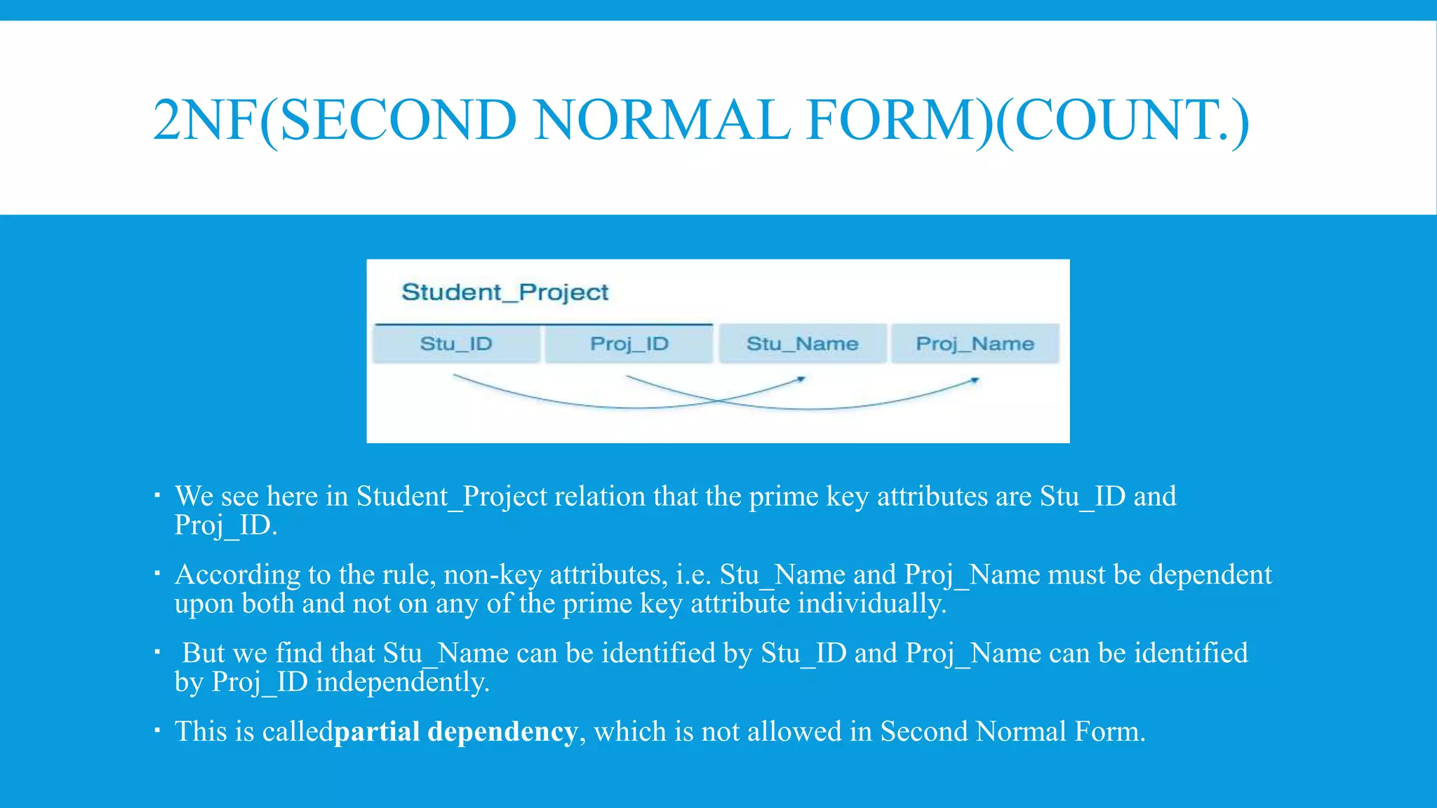 2NF(SECOND NORMAL FORM)(COUNT.)
 We see here in Student_Project relation that the prime key attributes are Stu_ID and
Proj_ID.
 According to the rule, non-key attributes, i.e. Stu_Name and Proj_Name must be dependent
upon both and not on any of the prime key attribute individually.
 But we find that Stu_Name can be identified by Stu_ID and Proj_Name can be identified
by Proj_ID independently.
 This is calledpartial dependency, which is not allowed in Second Normal Form.
 