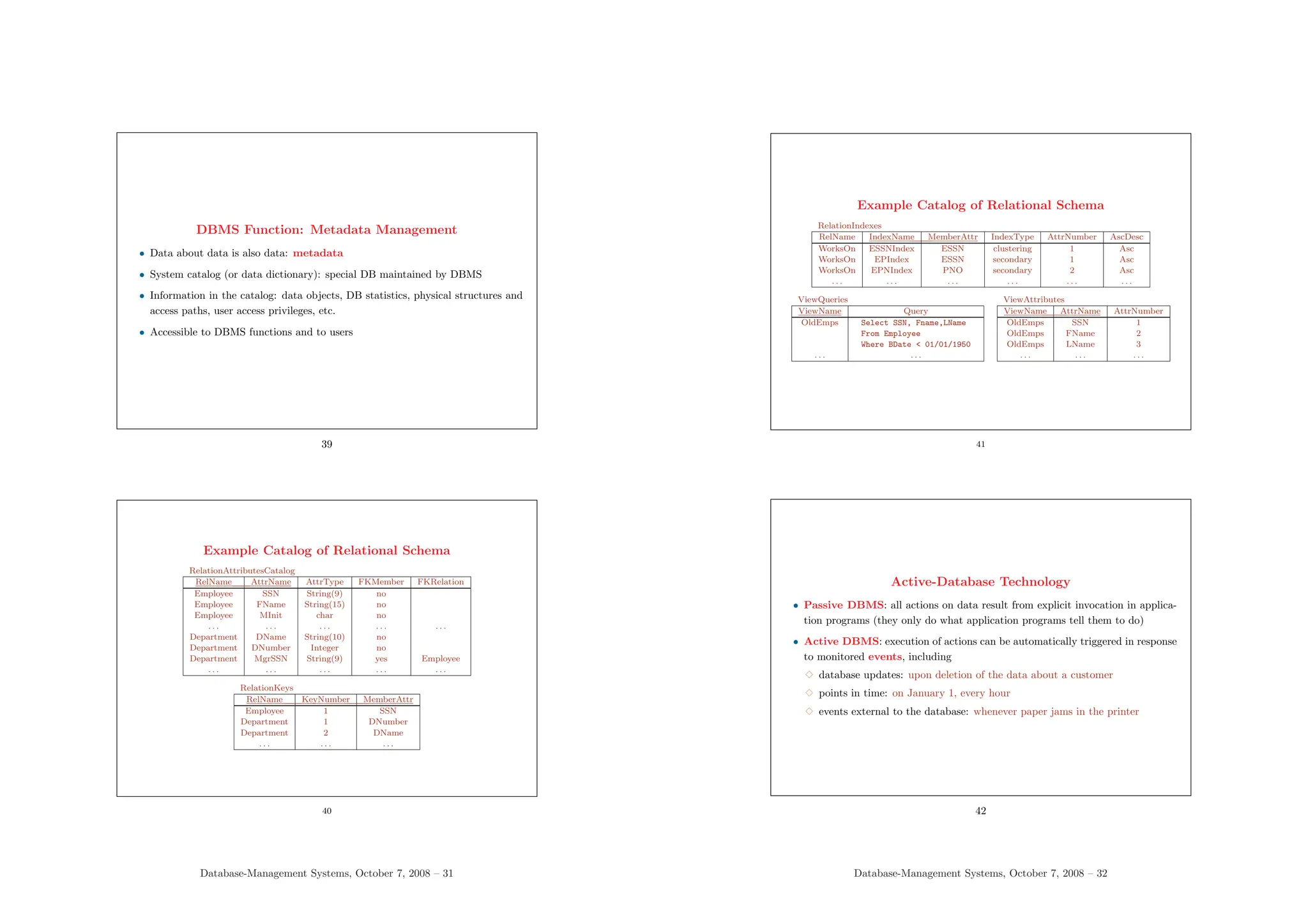 DBMS Function: Metadata Management
• Data about data is also data: metadata
• System catalog (or data dictionary): special DB maintained by DBMS
• Information in the catalog: data objects, DB statistics, physical structures and
access paths, user access privileges, etc.
• Accessible to DBMS functions and to users
39
Example Catalog of Relational Schema
RelationAttributesCatalog
RelName AttrName AttrType FKMember FKRelation
Employee SSN String(9) no
Employee FName String(15) no
Employee MInit char no
. . . . . . . . . . . . . . .
Department DName String(10) no
Department DNumber Integer no
Department MgrSSN String(9) yes Employee
. . . . . . . . . . . . . . .
RelationKeys
RelName KeyNumber MemberAttr
Employee 1 SSN
Department 1 DNumber
Department 2 DName
. . . . . . . . .
40
Database-Management Systems, October 7, 2008 – 31
Example Catalog of Relational Schema
RelationIndexes
RelName IndexName MemberAttr IndexType AttrNumber AscDesc
WorksOn ESSNIndex ESSN clustering 1 Asc
WorksOn EPIndex ESSN secondary 1 Asc
WorksOn EPNIndex PNO secondary 2 Asc
. . . . . . . . . . . . . . . . . .
ViewQueries
ViewName Query
OldEmps Select SSN, Fname,LName
From Employee
Where BDate < 01/01/1950
. . . . . .
ViewAttributes
ViewName AttrName AttrNumber
OldEmps SSN 1
OldEmps FName 2
OldEmps LName 3
. . . . . . . . .
41
Active-Database Technology
• Passive DBMS: all actions on data result from explicit invocation in applica-
tion programs (they only do what application programs tell them to do)
• Active DBMS: execution of actions can be automatically triggered in response
to monitored events, including
3 database updates: upon deletion of the data about a customer
3 points in time: on January 1, every hour
3 events external to the database: whenever paper jams in the printer
42
Database-Management Systems, October 7, 2008 – 32
 