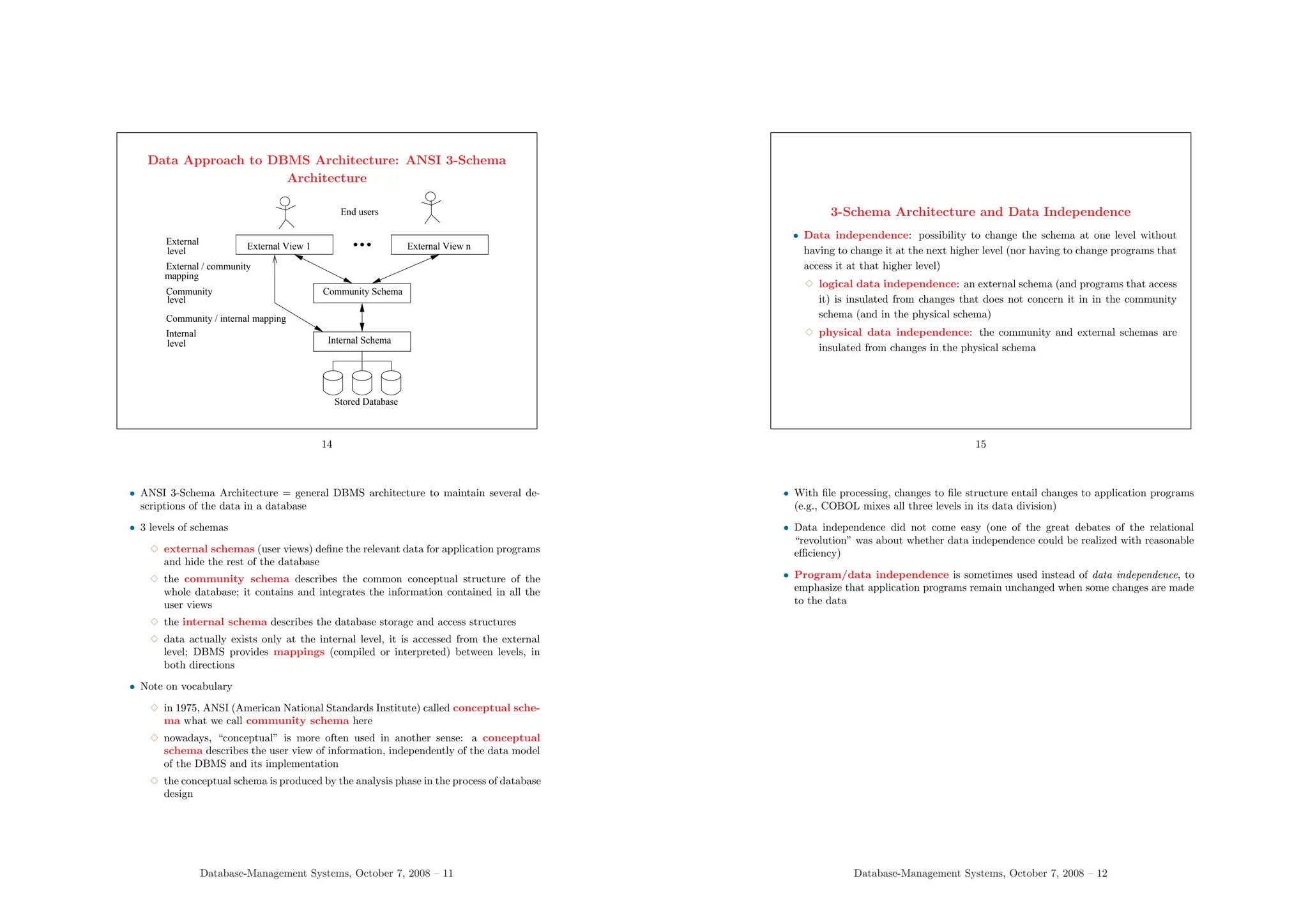 Data Approach to DBMS Architecture: ANSI 3-Schema
Architecture
Community
level
Internal
level Internal Schema
Stored Database
mapping
Community Schema
External View 1
Community / internal mapping
External View n
End users
level
External
External / community
14
• ANSI 3-Schema Architecture = general DBMS architecture to maintain several de-
scriptions of the data in a database
• 3 levels of schemas
3 external schemas (user views) define the relevant data for application programs
and hide the rest of the database
3 the community schema describes the common conceptual structure of the
whole database; it contains and integrates the information contained in all the
user views
3 the internal schema describes the database storage and access structures
3 data actually exists only at the internal level, it is accessed from the external
level; DBMS provides mappings (compiled or interpreted) between levels, in
both directions
• Note on vocabulary
3 in 1975, ANSI (American National Standards Institute) called conceptual sche-
ma what we call community schema here
3 nowadays, “conceptual” is more often used in another sense: a conceptual
schema describes the user view of information, independently of the data model
of the DBMS and its implementation
3 the conceptual schema is produced by the analysis phase in the process of database
design
Database-Management Systems, October 7, 2008 – 11
3-Schema Architecture and Data Independence
• Data independence: possibility to change the schema at one level without
having to change it at the next higher level (nor having to change programs that
access it at that higher level)
3 logical data independence: an external schema (and programs that access
it) is insulated from changes that does not concern it in in the community
schema (and in the physical schema)
3 physical data independence: the community and external schemas are
insulated from changes in the physical schema
15
• With file processing, changes to file structure entail changes to application programs
(e.g., COBOL mixes all three levels in its data division)
• Data independence did not come easy (one of the great debates of the relational
“revolution” was about whether data independence could be realized with reasonable
efficiency)
• Program/data independence is sometimes used instead of data independence, to
emphasize that application programs remain unchanged when some changes are made
to the data
Database-Management Systems, October 7, 2008 – 12
 