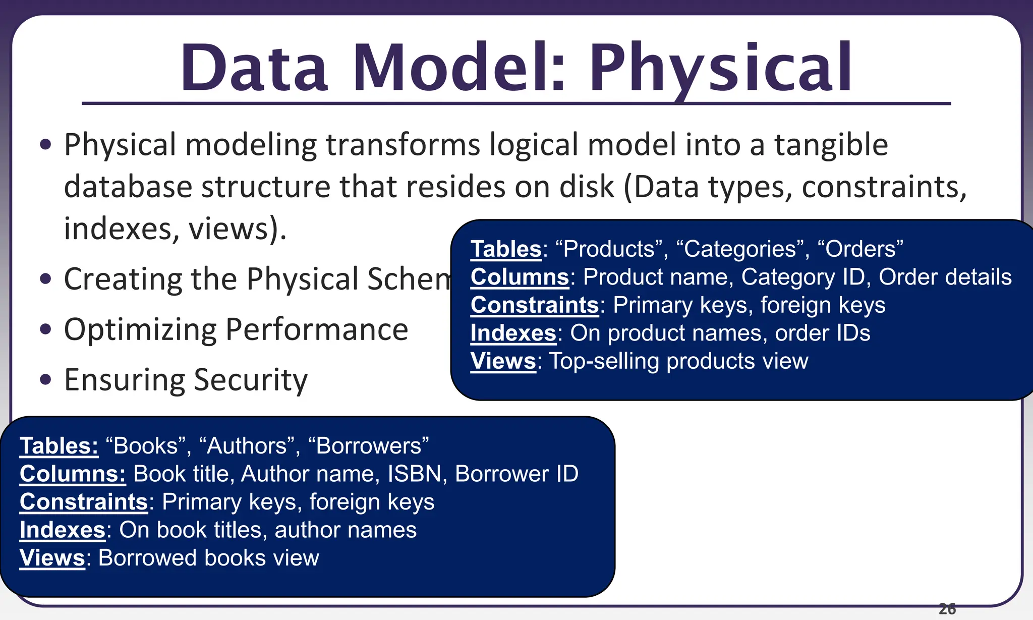 26
Data Model: Physical
• Physical modeling transforms logical model into a tangible
database structure that resides on disk (Data types, constraints,
indexes, views).
• Creating the Physical Schema
• Optimizing Performance
• Ensuring Security
Tables: “Books”, “Authors”, “Borrowers”
Columns: Book title, Author name, ISBN, Borrower ID
Constraints: Primary keys, foreign keys
Indexes: On book titles, author names
Views: Borrowed books view
Tables: “Products”, “Categories”, “Orders”
Columns: Product name, Category ID, Order details
Constraints: Primary keys, foreign keys
Indexes: On product names, order IDs
Views: Top-selling products view
 