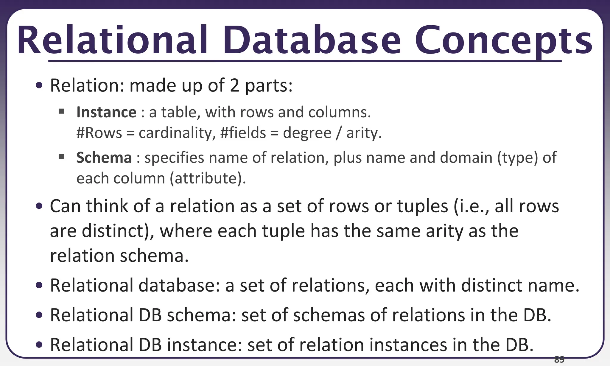 89
Relational Database Concepts
• Relation: made up of 2 parts:
 Instance : a table, with rows and columns.
#Rows = cardinality, #fields = degree / arity.
 Schema : specifies name of relation, plus name and domain (type) of
each column (attribute).
• Can think of a relation as a set of rows or tuples (i.e., all rows
are distinct), where each tuple has the same arity as the
relation schema.
• Relational database: a set of relations, each with distinct name.
• Relational DB schema: set of schemas of relations in the DB.
• Relational DB instance: set of relation instances in the DB.
 