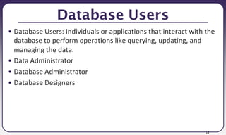 16
Database Users
• Database Users: Individuals or applications that interact with the
database to perform operations like querying, updating, and
managing the data.
• Data Administrator
• Database Administrator
• Database Designers
 