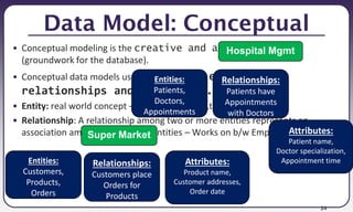 24
Data Model: Conceptual
• Conceptual modeling is the creative and abstract phase
(groundwork for the database).
• Conceptual data models use concepts such as entities,
relationships and attributes.
• Entity: real world concept – employee, Projec,t customer, order
• Relationship: A relationship among two or more entities represents an
association among two or more entities – Works on b/w Employee and Project
Super Market
Entities:
Customers,
Products,
Orders
Relationships:
Customers place
Orders for
Products
Attributes:
Product name,
Customer addresses,
Order date
Hospital Mgmt
Entities:
Patients,
Doctors,
Appointments
Relationships:
Patients have
Appointments
with Doctors
Attributes:
Patient name,
Doctor specialization,
Appointment time
 