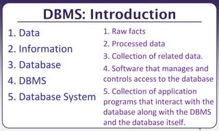 4
DBMS: Introduction
1. Data
2. Information
3. Database
4. DBMS
5. Database System
1. Raw facts
2. Processed data
3. Collection of related data.
4. Software that manages and
controls access to the database
5. Collection of application
programs that interact with the
database along with the DBMS
and the database itself.
 