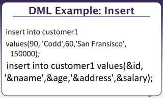49
DML Example: Insert
insert into customer1
values(90, 'Codd',60,'San Fransisco',
150000);
insert into customer1 values(&id,
'&naame',&age,'&address',&salary);
 