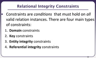 95
Relational Integrity Constraints
• Constraints are conditions that must hold on all
valid relation instances. There are four main types
of constraints:
1. Domain constraints
2. Key constraints
3. Entity integrity constraints
4. Referential integrity constraints
 
