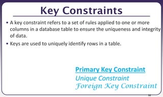 98
Key Constraints
• A key constraint refers to a set of rules applied to one or more
columns in a database table to ensure the uniqueness and integrity
of data.
• Keys are used to uniquely identify rows in a table.
Primary Key Constraint
Unique Constraint
Foreign Key Constraint
 