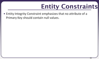 99
Entity Constraints
• Entity Integrity Constraint emphasizes that no attribute of a
Primary Key should contain null values.
 