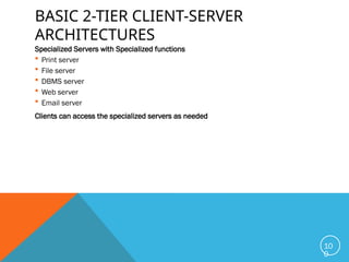 BASIC 2-TIER CLIENT-SERVER
ARCHITECTURES
Specialized Servers with Specialized functions
 Print server
 File server
 DBMS server
 Web server
 Email server
Clients can access the specialized servers as needed
10
0
 