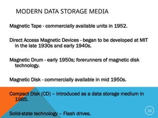 MODERN DATA STORAGE MEDIA
Magnetic Tape - commercially available units in 1952.
Direct Access Magnetic Devices - began to be developed at MIT
in the late 1930s and early 1940s.
Magnetic Drum - early 1950s; forerunners of magnetic disk
technology.
Magnetic Disk - commercially available in mid 1950s.
Compact Disk (CD) – introduced as a data storage medium in
1985.
Solid-state technology – Flash drives.
19
 