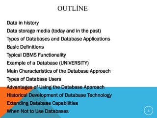 OUTLİNE
Data in history
Data storage media (today and in the past)
Types of Databases and Database Applications
Basic Definitions
Typical DBMS Functionality
Example of a Database (UNIVERSITY)
Main Characteristics of the Database Approach
Types of Database Users
Advantages of Using the Database Approach
Historical Development of Database Technology
Extending Database Capabilities
When Not to Use Databases 4
 