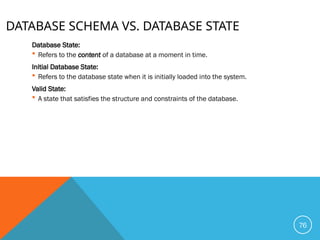 DATABASE SCHEMA VS. DATABASE STATE
Database State:
 Refers to the content of a database at a moment in time.
Initial Database State:
 Refers to the database state when it is initially loaded into the system.
Valid State:
 A state that satisfies the structure and constraints of the database.
76
 