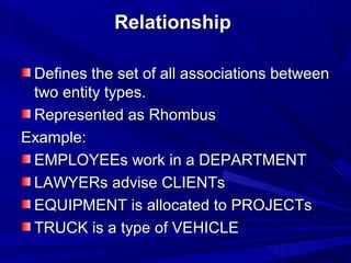 RelationshipRelationship
Defines the set of all associations betweenDefines the set of all associations between
two entity types.two entity types.
Represented as RhombusRepresented as Rhombus
Example:Example:
EMPLOYEEs work in a DEPARTMENTEMPLOYEEs work in a DEPARTMENT
LAWYERs advise CLIENTsLAWYERs advise CLIENTs
EQUIPMENT is allocated to PROJECTsEQUIPMENT is allocated to PROJECTs
TRUCK is a type of VEHICLETRUCK is a type of VEHICLE
 
