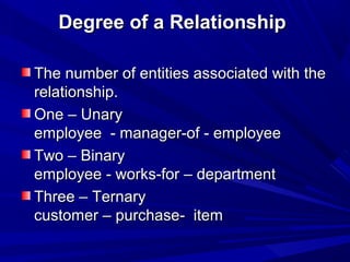 Degree of a RelationshipDegree of a Relationship
The number of entities associated with theThe number of entities associated with the
relationship.relationship.
One – UnaryOne – Unary
employee - manager-of - employeeemployee - manager-of - employee
Two – BinaryTwo – Binary
employee - works-for – departmentemployee - works-for – department
Three – TernaryThree – Ternary
customer – purchase- itemcustomer – purchase- item
 