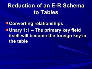 Reduction of an E-R SchemaReduction of an E-R Schema
to Tablesto Tables
Converting relationshipsConverting relationships
Unary 1:1 – The primary key fieldUnary 1:1 – The primary key field
itself will become the foreign key initself will become the foreign key in
the tablethe table
 