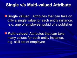 Single v/s Multi-valued AttributeSingle v/s Multi-valued Attribute
Single valuedSingle valued : Attributes that can take on: Attributes that can take on
only a single value for each entity instance.only a single value for each entity instance.
e.g. age of employee, pubid of a publishere.g. age of employee, pubid of a publisher
Multi-valuedMulti-valued: Attributes that can take: Attributes that can take
many values for each entity instance.many values for each entity instance.
e.g. skill set of employeee.g. skill set of employee
 