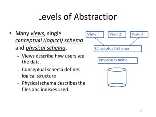 Levels of Abstraction
• Many views, single
conceptual (logical) schema
and physical schema.
– Views describe how users see
the data.
– Conceptual schema defines
logical structure
– Physical schema describes the
files and indexes used.
77
Physical Schema
Conceptual Schema
View 1 View 2 View 3
 
