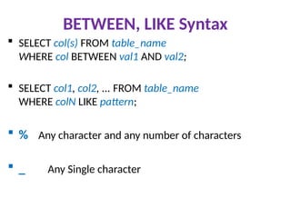 BETWEEN, LIKE Syntax
 SELECT col(s) FROM table_name
WHERE col BETWEEN val1 AND val2;
 SELECT col1, col2, ... FROM table_name
WHERE colN LIKE pattern;
 % Any character and any number of characters
 _ Any Single character
 