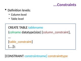 ….Constraints
 Definition levels:
• Column level
• Table level
CREATE TABLE tablename
(colname datatype(size) [column_constraint],
…
[table_constraint]
[,…]);
[CONSTRAINT constraintname] constrainttype
 