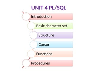 UNIT 4 PL/SQL
Introduction
Basic character set
Structure
Cursor
Functions
Procedures
 