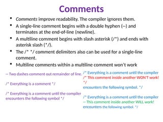Comments
 Comments improve readability. The compiler ignores them.
 A single-line comment begins with a double hyphen (--) and
terminates at the end-of-line (newline).
 A multiline comment begins with slash asterisk (/*) and ends with
asterisk slash (*/).
 The /* */ comment delimiters also can be used for a single-line
comment.
 Multiline comments within a multiline comment won’t work
-- Two dashes comment out remainder of line.
/* Everything is a comment */
/* Everything is a comment until the compiler
encounters the following symbol */
/* Everything is a comment until the compiler
/* This comment inside another WON'T work!
*/
encounters the following symbol. */
/* Everything is a comment until the compiler
-- This comment inside another WILL work!
encounters the following symbol. */
 