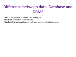 Difference between data ,Database and
DBMS
•Data –The collection of related facts and figures.
•Database - Collection of related data.
•Database Management System - Software used to maintain database.
 