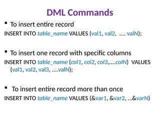 DML Commands
 To insert entire record
INSERT INTO table_name VALUES (val1, val2, .... valN);
 To insert one record with specific columns
INSERT INTO table_name (col1, col2, col3,....colN) VALUES
(val1, val2, val3, ....valN);
 To insert entire record more than once
INSERT INTO table_name VALUES (&var1, &var2, …&varN)
 