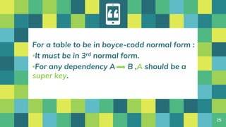 “
For a table to be in boyce-codd normal form :
▪It must be in 3rd normal form.
▪For any dependency A B ,A should be a
super key.
25
 
