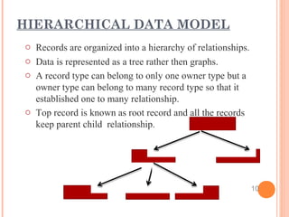 o Records are organized into a hierarchy of relationships.
o Data is represented as a tree rather then graphs.
o A record type can belong to only one owner type but a
owner type can belong to many record type so that it
established one to many relationship.
o Top record is known as root record and all the records
keep parent child relationship.
HIERARCHICAL DATA MODEL
10
 