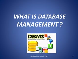 WHAT IS DATABASE
MANAGEMENT ?
1DATABASE MAGEMENT SYSTEM
 