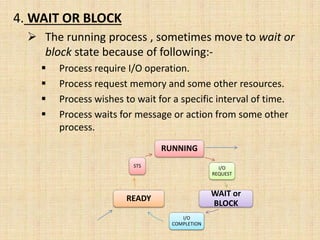 4. WAIT OR BLOCK
 The running process , sometimes move to wait or
block state because of following:-
 Process require I/O operation.
 Process request memory and some other resources.
 Process wishes to wait for a specific interval of time.
 Process waits for message or action from some other
process.
RUNNING
I/O
REQUEST
WAIT or
BLOCK
I/O
COMPLETION
READY
STS
 