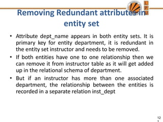 Removing Redundant attributes in
entity set
12
• Attribute dept_name appears in both entity sets. It is
primary key for entity department, it is redundant in
the entity set instructor and needs to be removed.
• If both entities have one to one relationship then we
can remove it from instructor table as it will get added
up in the relational schema of department.
• But if an instructor has more than one associated
department, the relationship between the entities is
recorded in a separate relation inst_dept
 