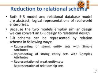 Reduction to relational schema
12
• Both E-R model and relational database model
are abstract, logical representations of real-world
enterprises.
• Because the two models employ similar design
we can convert an E-R design to relational design
• E-R schema can be represented by relation
schema in following ways:
of strong entity sets with Simple
of strong entity sets with Complex
– Representing
Attributes
– Representing
Attributes
– Representation of weak entity sets
– Representation of relationship sets
 