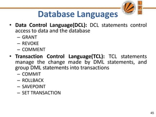 Database Languages
45
• Data Control Language(DCL): DCL statements control
access to data and the database
– GRANT
– REVOKE
– COMMENT
• Transaction Control Language(TCL): TCL statements
manage the change made by DML statements, and
group DML statements into transactions
– COMMIT
– ROLLBACK
– SAVEPOINT
– SET TRANSACTION
 