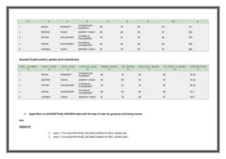 R E E E S S S KS S
1 RAHUL KUMAWAT
GHANSHYAM
KUMAWAT
89 78 90 60 317
2 DEEPAK YADAV GANPAT YADAV 90 88 90 97 365
3 SHYAM CHOUDHARY
GYARSILAL
CHOUDHARY
78 67 78 56 279
4 SAPNA CHOUDHARY
SHYAMLAL
CHOUDHARY
93 94 90 89 366
5 CHANDA YADAV MAHESH YADAV 81 78 56 67 282
BCAFIRSTYEARSTUDENTS_MARKS WITH PERCENTAGE
ROLL_NUMBE
R
FIRST_NAM
E
LAST_NAM
E
FATHER_NAM
E
DBMS_MARK
S
OS_MARK
S
ENGLISH_MARK
S
CA_AND_O_MARK
S
PERCENTAG
E
1 RAHUL KUMAWAT
GHANSHYAM
KUMAWAT
89 78 90 60 79.25
2 DEEPAK YADAV GANPAT YADAV 90 88 90 97 91.25
3 SHYAM CHOUDHARY
GYARSILAL
CHOUDHARY
78 67 78 56 69.75
4 SAPNA CHOUDHARY
SHYAMLAL
CHOUDHARY
93 94 90 89 91.5
5 CHANDA YADAV MAHESH YADAV 81 78 56 67 70.5
7. Apply filters on BCAFIRSTYEAR_RECORDS table with the help of order by, group by and having clauses.
Ans.
ORDER BY
1. select * from BCAFIRSTYEAR_RECORDS ORDER BY fIRST_NAME ASC;
2. select * from BCAFIRSTYEAR_RECORDS ORDER BY fIRST_NAME DESC;
 