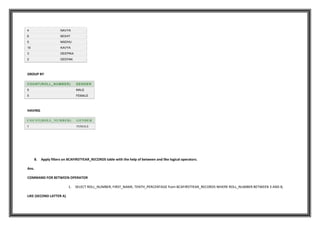 4 NAVYA
6 MOHIT
5 MADHU
10 KAVYA
3 DEEPIKA
2 DEEPAK
GROUP BY
COUNT(ROLL_NUMBER) GENDER
5 MALE
5 FEMALE
HAVING
COUNT(ROLL_NUMBER) GENDER
5 FEMALE
8. Apply filters on BCAFIRSTYEAR_RECORDS table with the help of between and like logical operators.
Ans.
COMMAND FOR BETWEEN OPERATOR
1. SELECT ROLL_NUMBER, FIRST_NAME, TENTH_PERCENTAGE from BCAFIRSTYEAR_RECORDS WHERE ROLL_NUMBER BETWEEN 3 AND 8;
LIKE (SECOND LATTER A)
 
